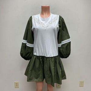 Tanya Taylor Womens‎ Olive White Balloon Sleeve Crew Neck Kirstie Mini Dress M